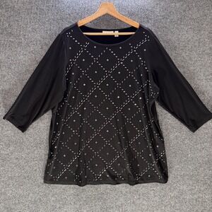 Susan Graver Womens 1X Embellished Top 3/4 Sleeve‎ Blouse Tunic Black Geometric